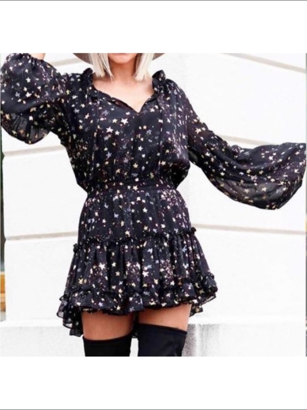 Buddy Love Womens Black Gold Star Zozo Whimsigoth Tiered Mini Dress Size Medium - Picture 2 of 11